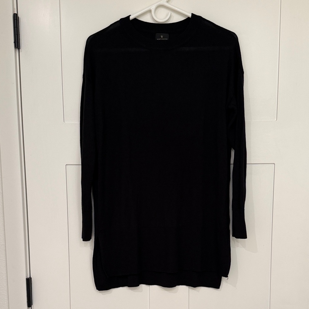 Worthington Black Tunic Sweater Minimalist Quiet Luxury Elevated Basic